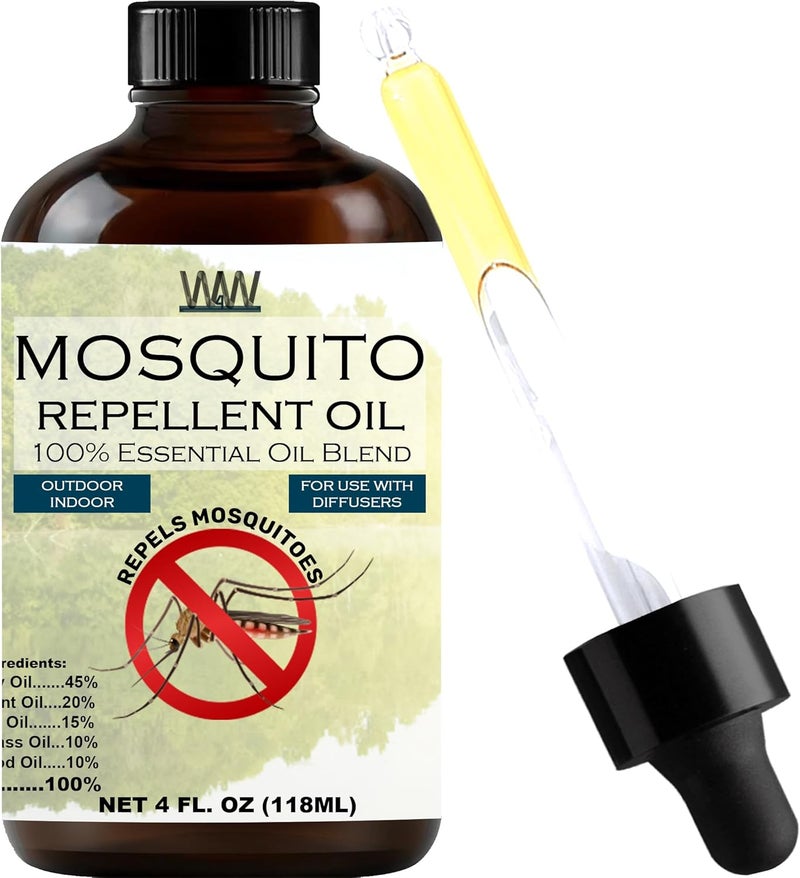 W4W Mosquito Oil - 100% Essential Oil Blend - 4 Oz - Mosquitoes, Gnats & Other Flying Insects - for use with Diffusers, Sprays, Lotions, & Soaps - 4 Ounce Dropper Bottle - Image 1